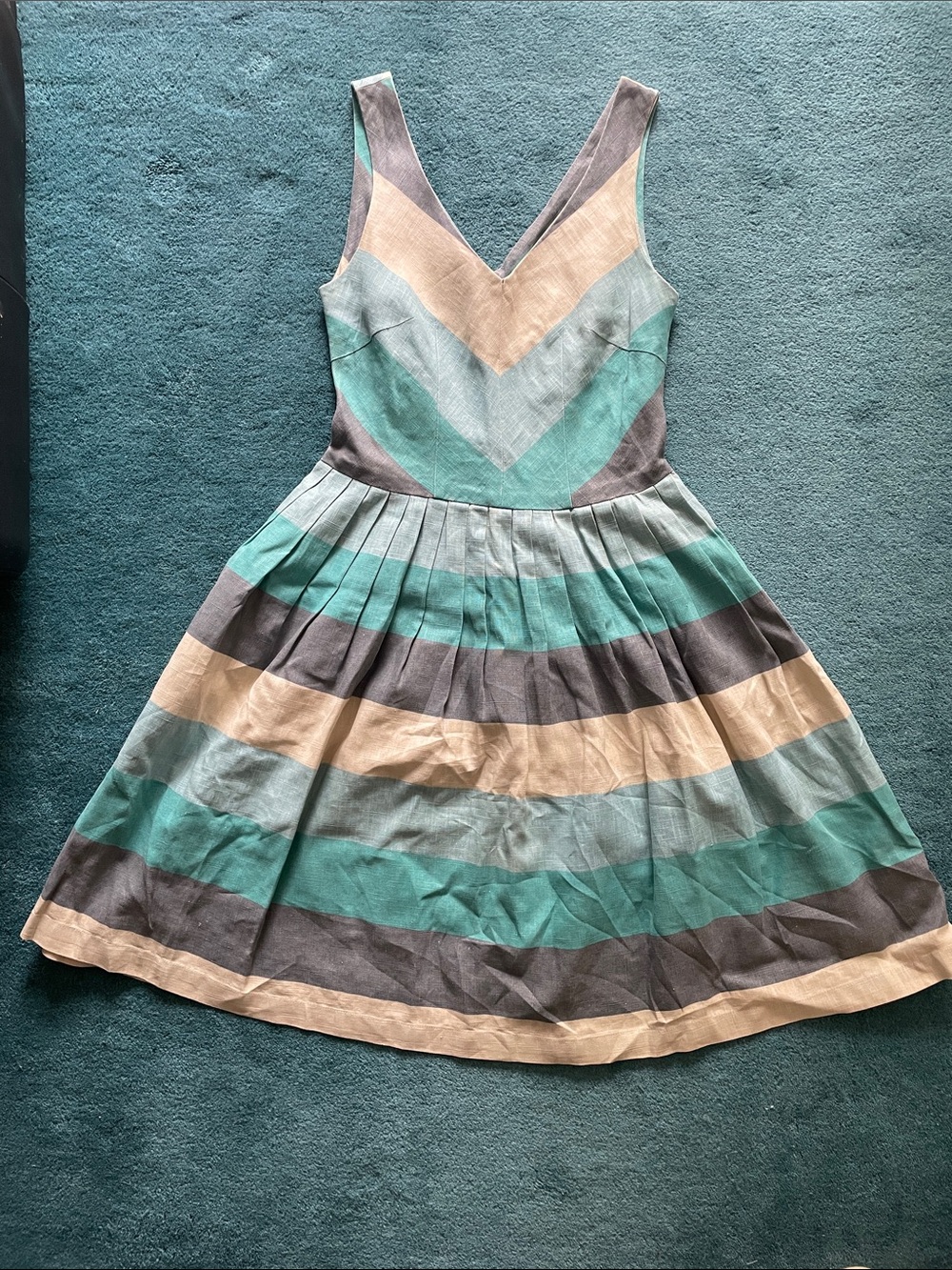 Knitted Dove Linen Striped V-Neck Fit & Flare Midi Dress in Teal, Gray & Cream